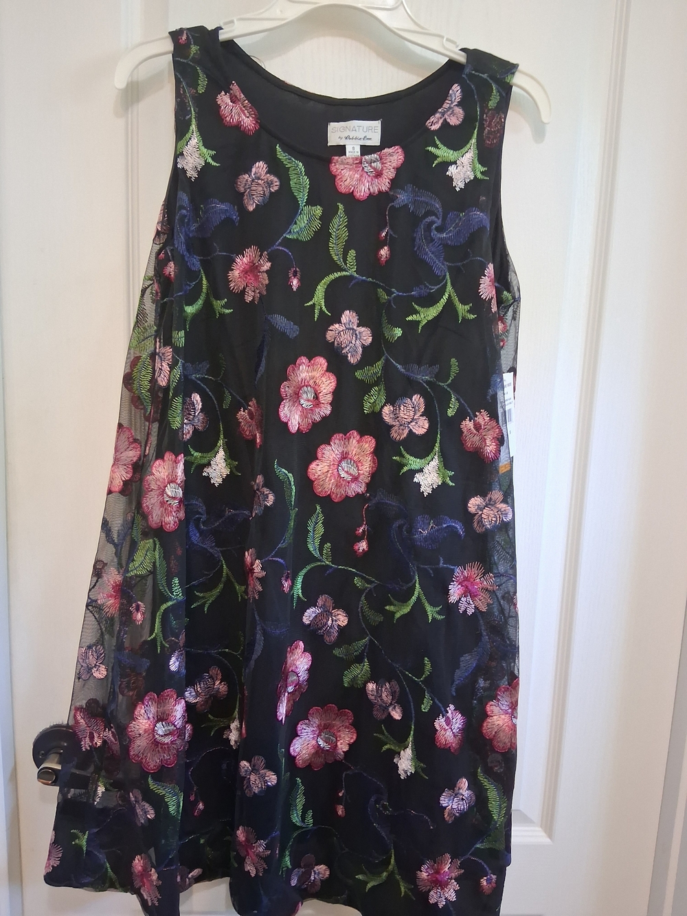 Robbie Bee Black Mesh Midi Dress with Pink Floral Embroidery and Green Vines